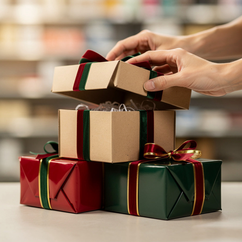 California Bin Store holiday mystery boxes with festive wrapping and surprises for seasonal shoppers
